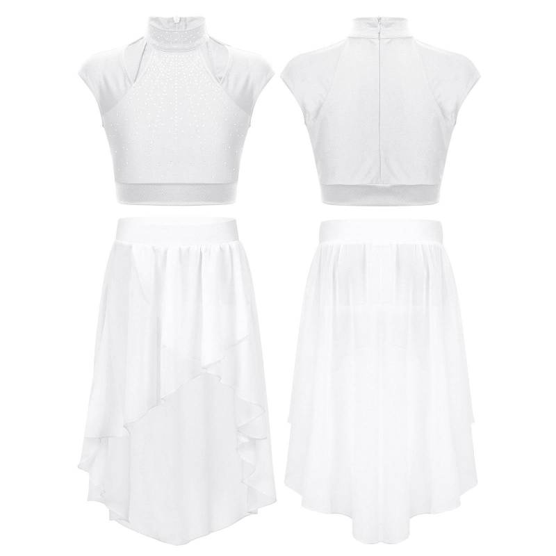 Kinder Mädchen 2-teiliges Tanz-Outfit Ballett Gymnastikanzug Athletisch Crop Top mit Tutu Rock Lyrisches Tanzkleid 15-16 Years weiß von Joom DACH