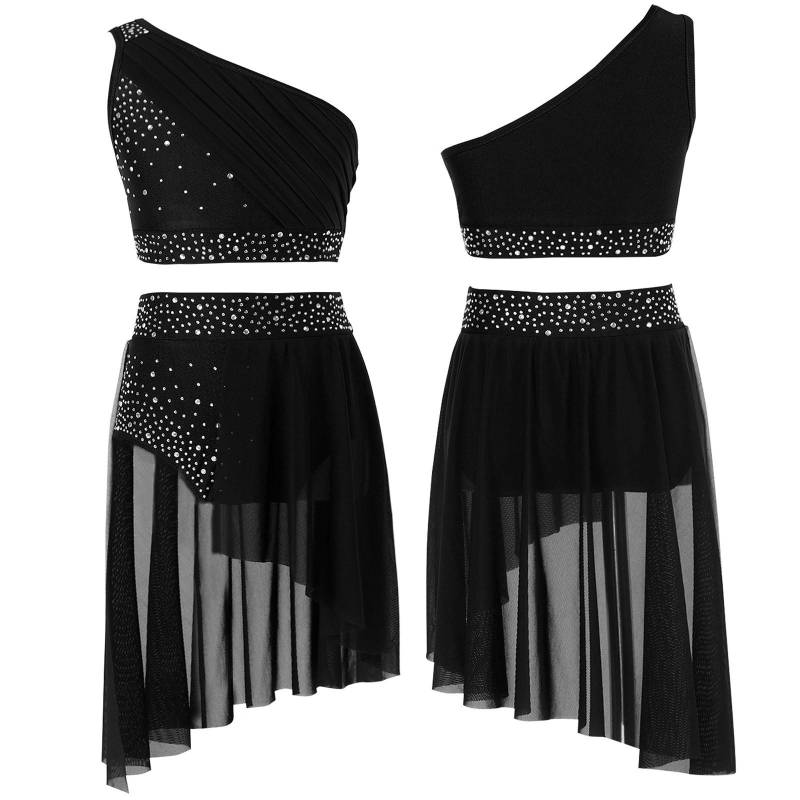 Kinder Mädchen 2-teiliges Tanz-Outfit Ballett Gymnastikanzug Athletisch Crop Top mit Tutu Rock Lyrisches Tanzkleid 5-6 Years schwarz von Joom DACH