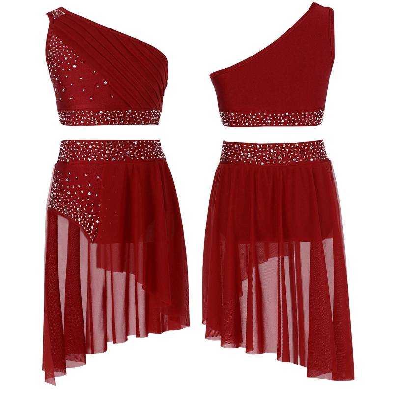 Kinder Mädchen 2-teiliges Tanz-Outfit Ballett Gymnastikanzug Athletisch Crop Top mit Tutu Rock Lyrisches Tanzkleid 5-6 Years bordeaux von Joom DACH