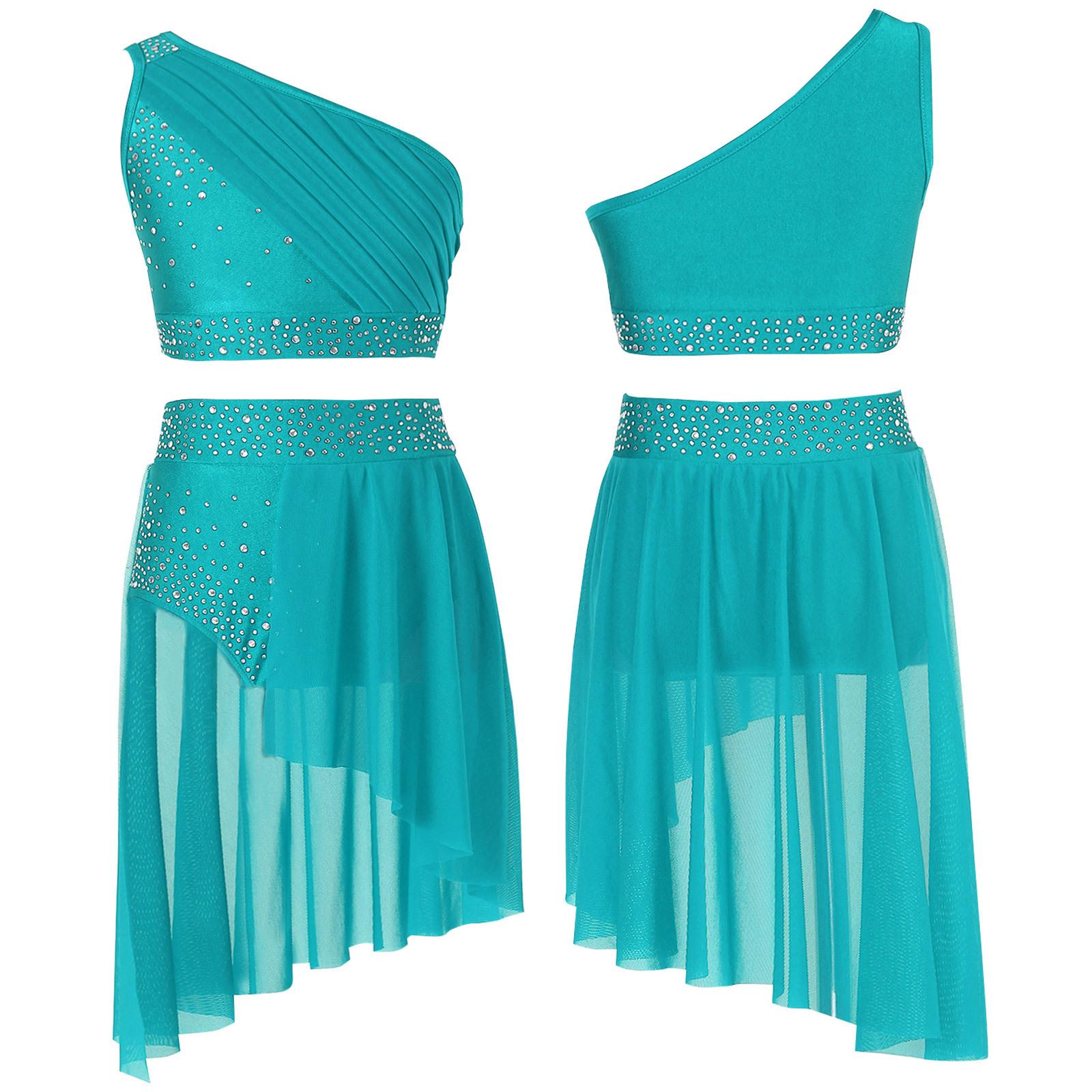 Kinder Mädchen 2-tlg. Glänzendes transparentes Netz-Crop-Top mit Rock Lyrischer Tanzkleid Ballsaal Kostüm 15-16 Years von Joom DACH