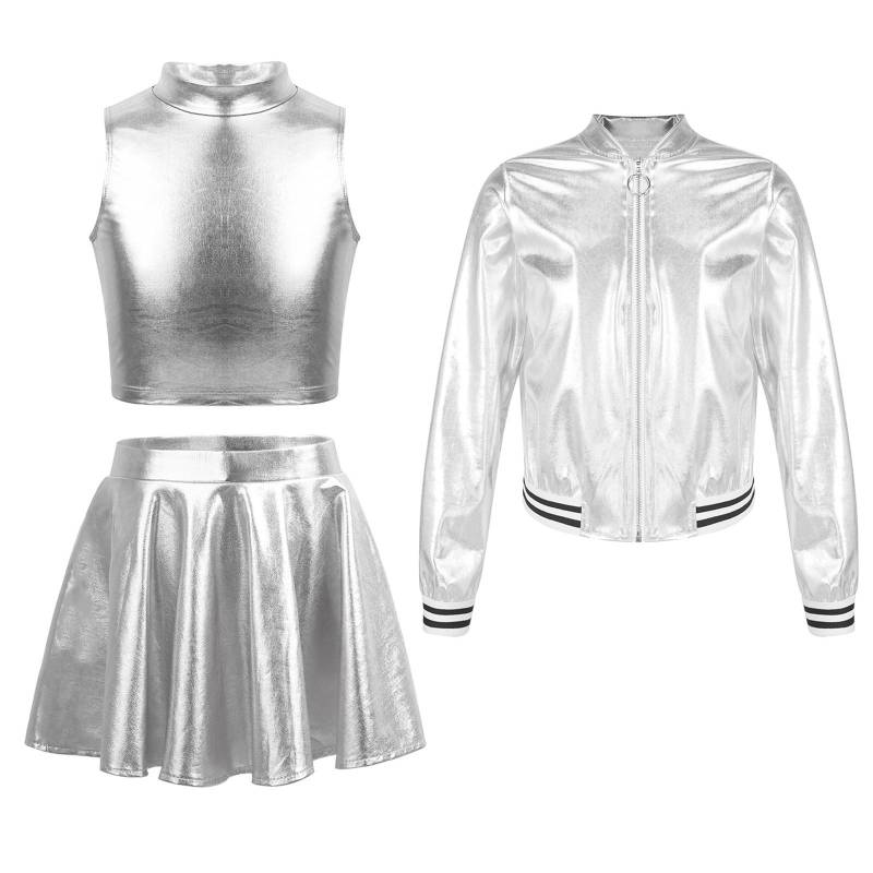 Kinder Mädchen 3-teiliges Tanzset Metallic Ärmelloses Crop-Top Rock und Stehkragen Reißverschluss Jacke 7-8 Years silber von Joom DACH