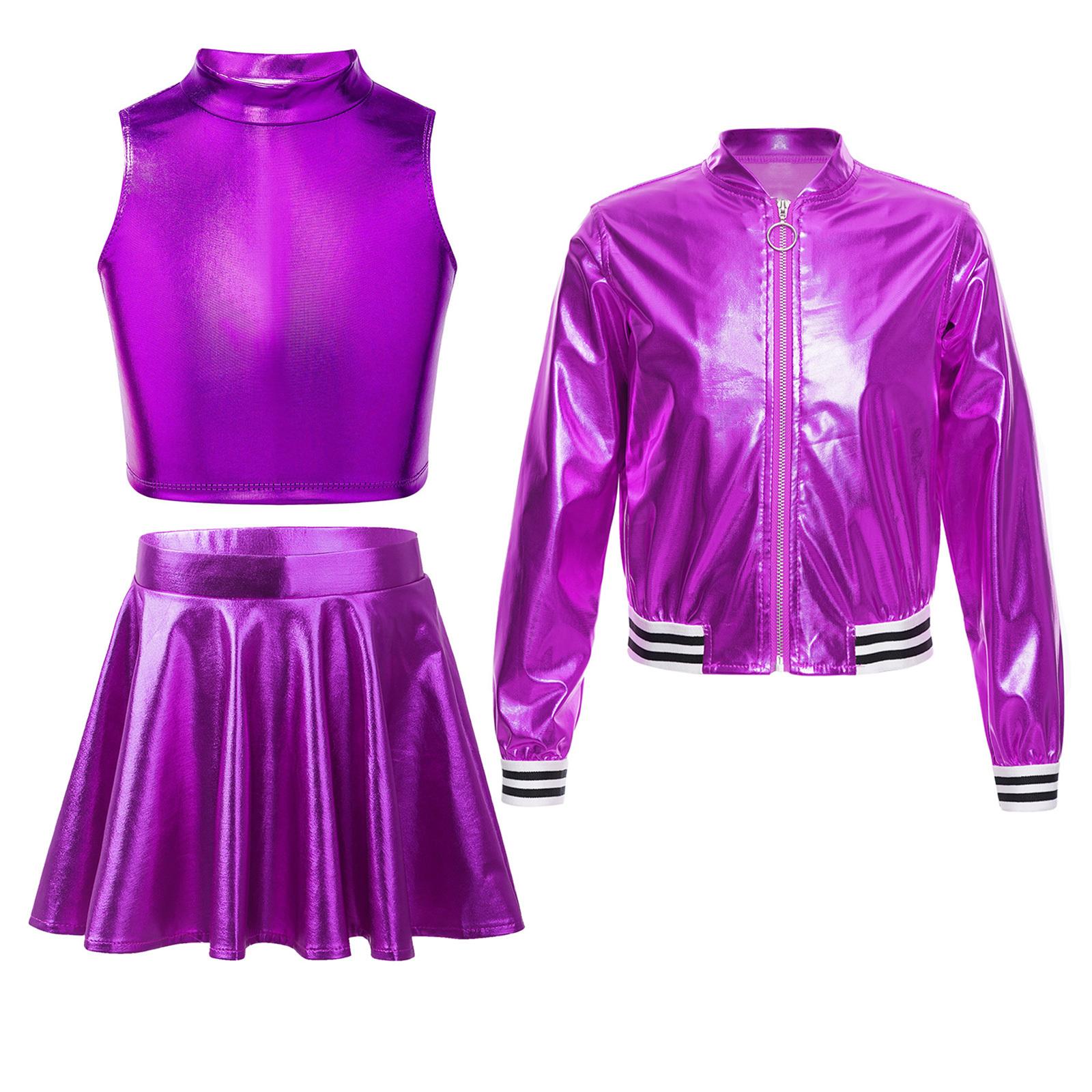 Kinder Mädchen 3-teiliges Tanzset Metallic Ärmelloses Crop-Top Rock und Stehkragen Reißverschluss Jacke 9-10 Years violett von Joom DACH