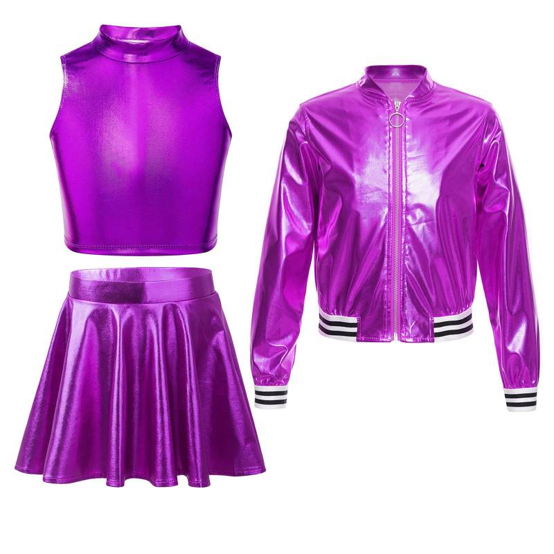 Kinder Mädchen 3-teiliges Tanzset Metallic Ärmelloses Crop-Top Rock und Stehkragen Reißverschluss Jacke 9-10 Years violett von Joom DACH