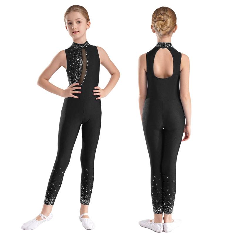 Kinder Mädchen Ärmelloser Eiskunstlauf Ganzkörperanzug Jumpsuit Ballett Tanz Gymnastik Turnanzug Tank Strass Tank Unitard Kostüm schwarz von Joom DACH