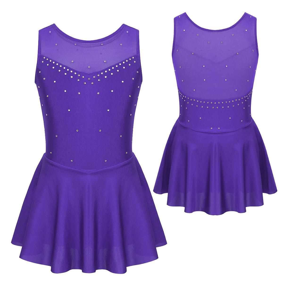 Kinder Mädchen Ärmelloses Strass Gymnastik Trikot Kleid Mesh Splice Eiskunstlauf Kleid Ballett Leistung Tanz Kostüme 11-12 Years Violett von Joom DACH