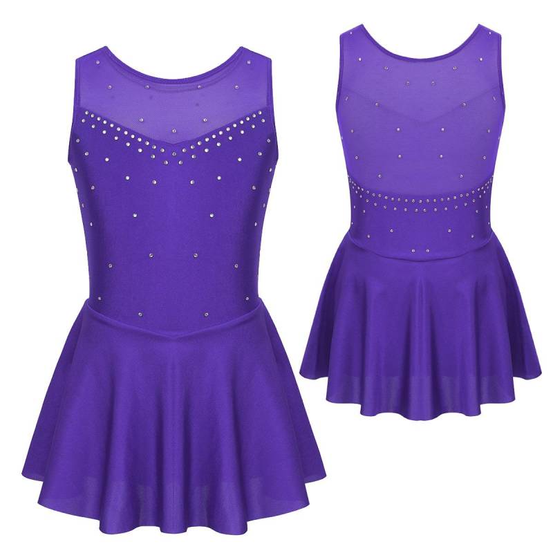 Kinder Mädchen Ärmelloses Strass Gymnastik Trikot Kleid Mesh Splice Eiskunstlauf Kleid Ballett Leistung Tanz Kostüme 11-12 Years Violett von Joom DACH
