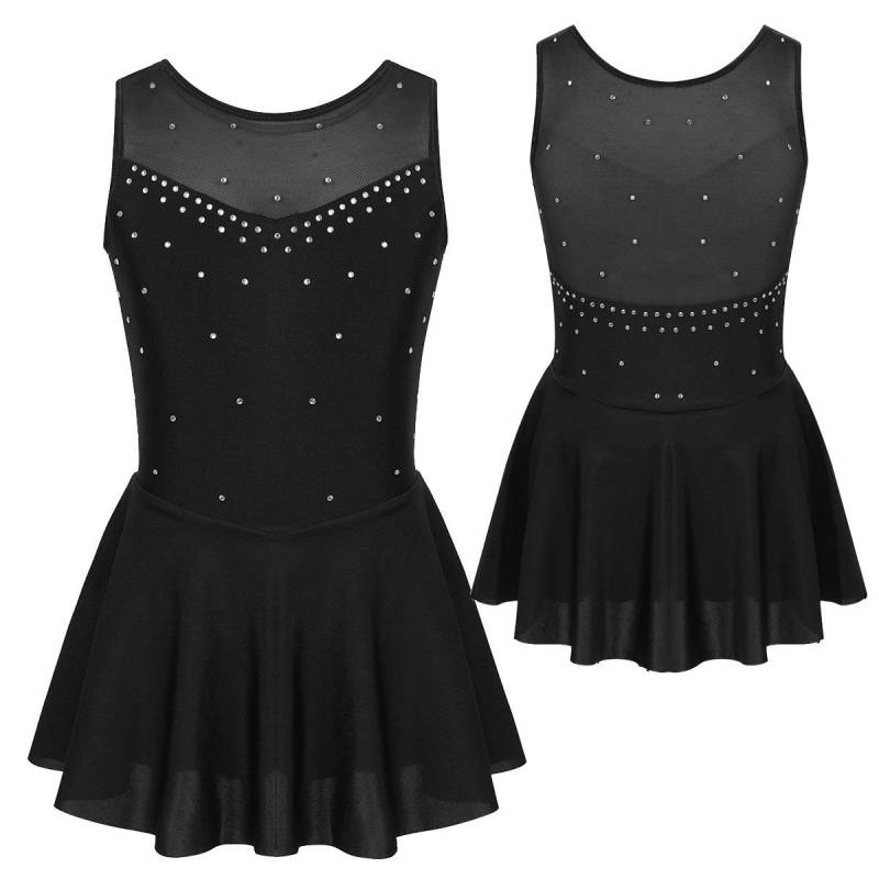 Kinder Mädchen Ärmelloses Strass Gymnastik Trikot Kleid Mesh Splice Eiskunstlauf Kleid Ballett Leistung Tanz Kostüme 11-12 Years schwarz von Joom DACH