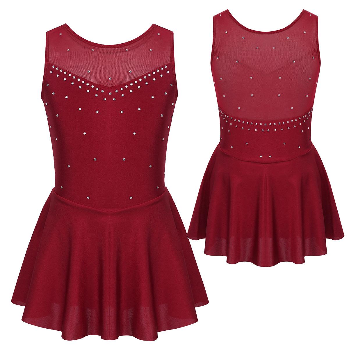 Kinder Mädchen Ärmelloses Strass Gymnastik Trikot Kleid Mesh Splice Eiskunstlauf Kleid Ballett Leistung Tanz Kostüme 13-14 Years bordeaux von Joom DACH