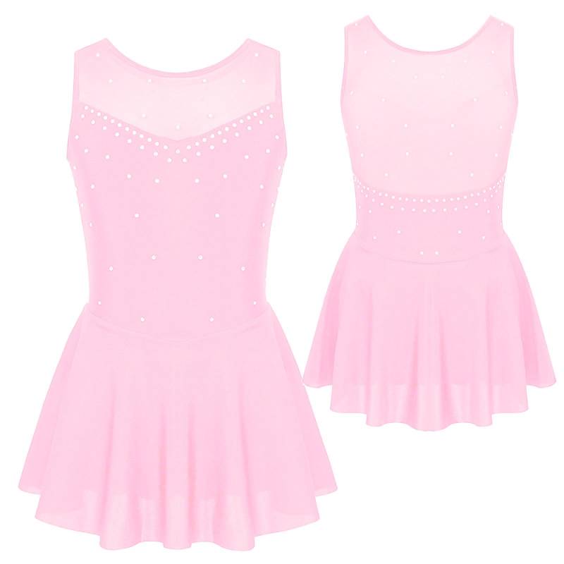 Kinder Mädchen Ärmelloses Strass Gymnastik Trikot Kleid Mesh Splice Eiskunstlauf Kleid Ballett Leistung Tanz Kostüme 9-10 Years rosa von Joom DACH