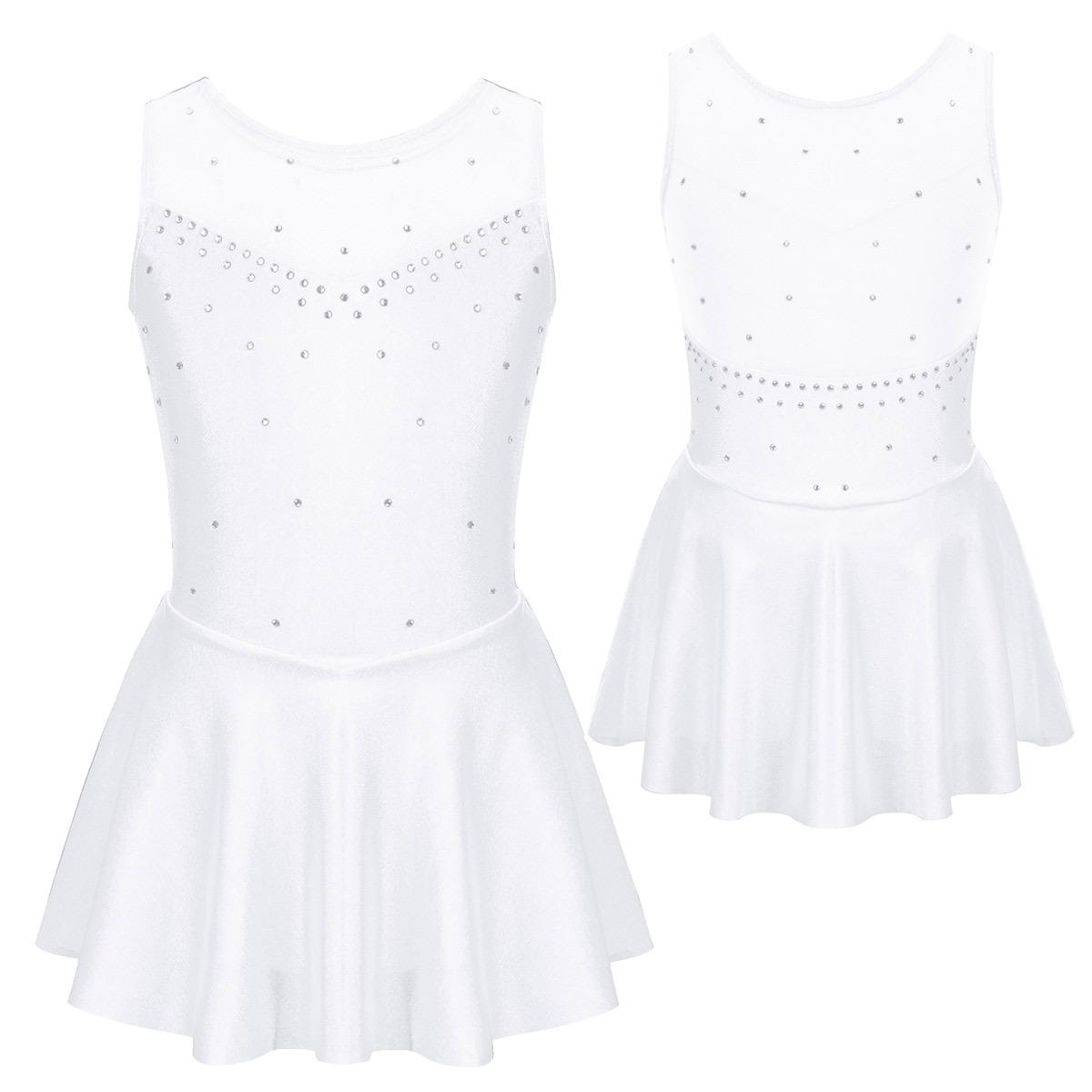 Kinder Mädchen Ärmelloses Strass Gymnastik Trikot Kleid Mesh Splice Eiskunstlauf Kleid Ballett Leistung Tanz Kostüme 9-10 Years weiß von Joom DACH