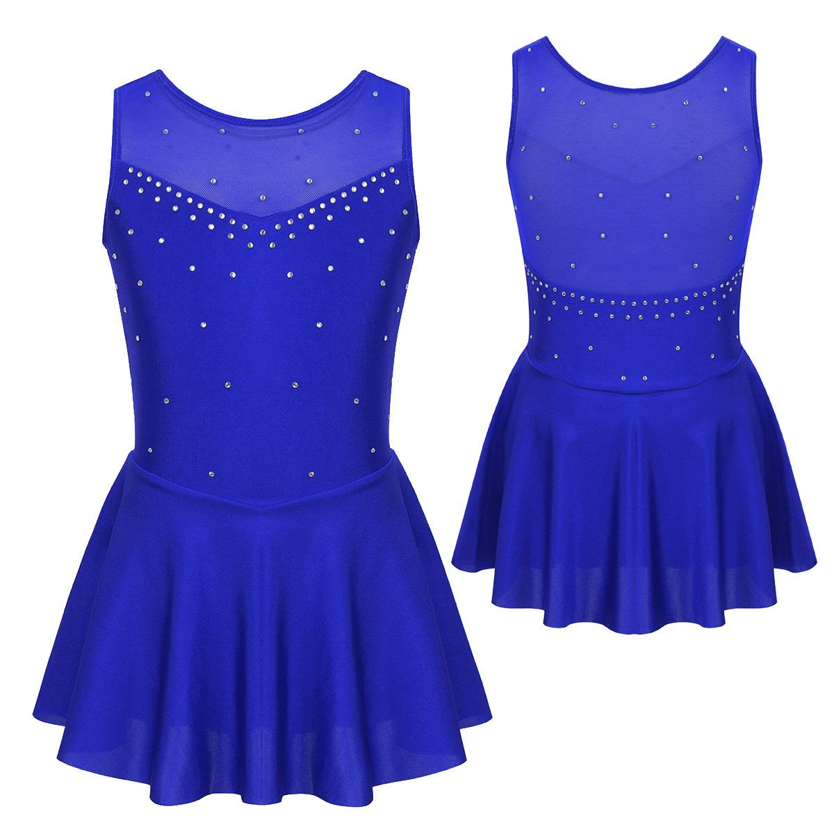 Kinder Mädchen Ärmelloses Strass Gymnastik Trikot Kleid Mesh Splice Eiskunstlauf Kleid Ballett Leistung Tanz Kostüme 9-10 Years blau von Joom DACH