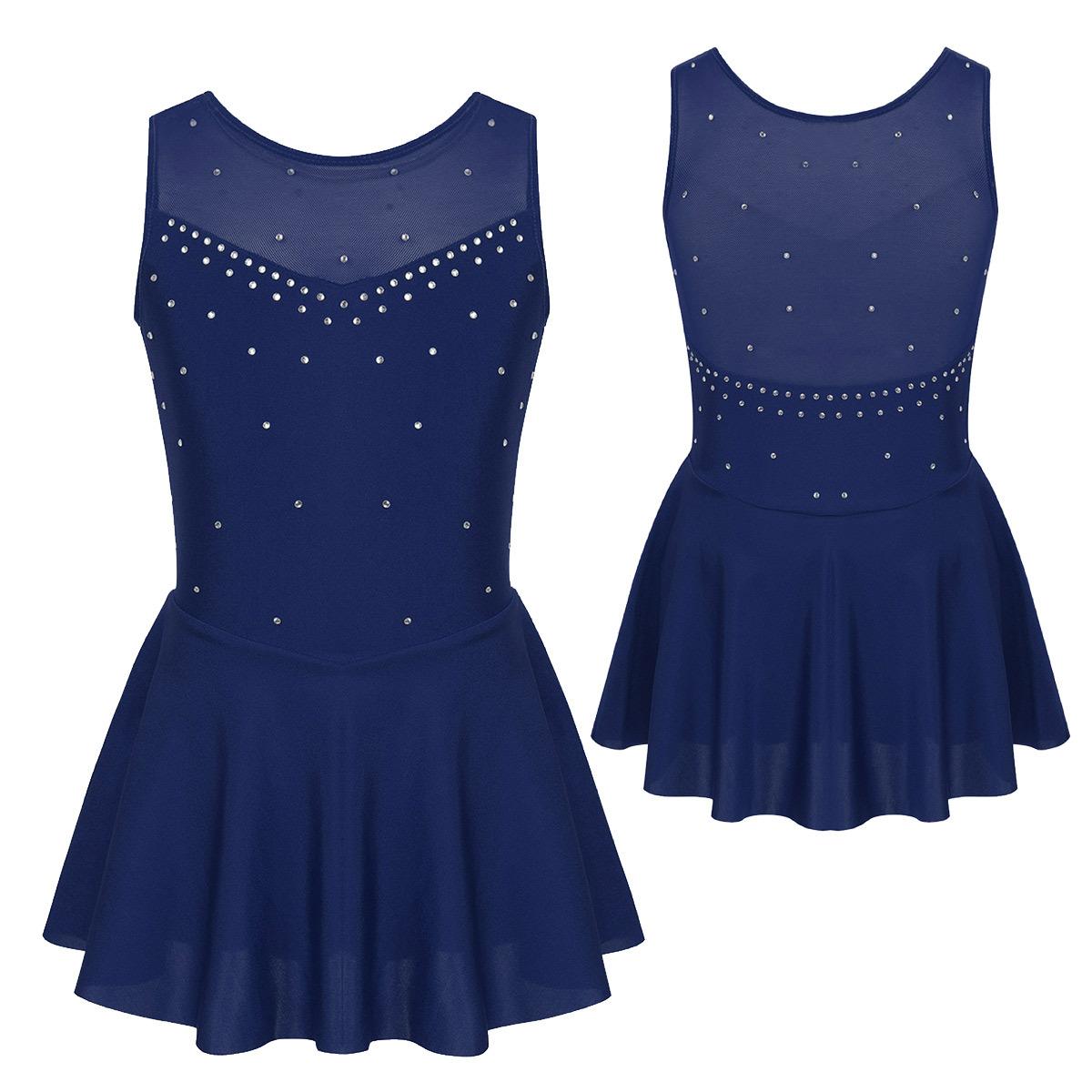 Kinder Mädchen Ärmelloses Strass Gymnastik Trikot Kleid Mesh Splice Eiskunstlauf Kleid Ballett Leistung Tanz Kostüme 9-10 Years navy blau von Joom DACH