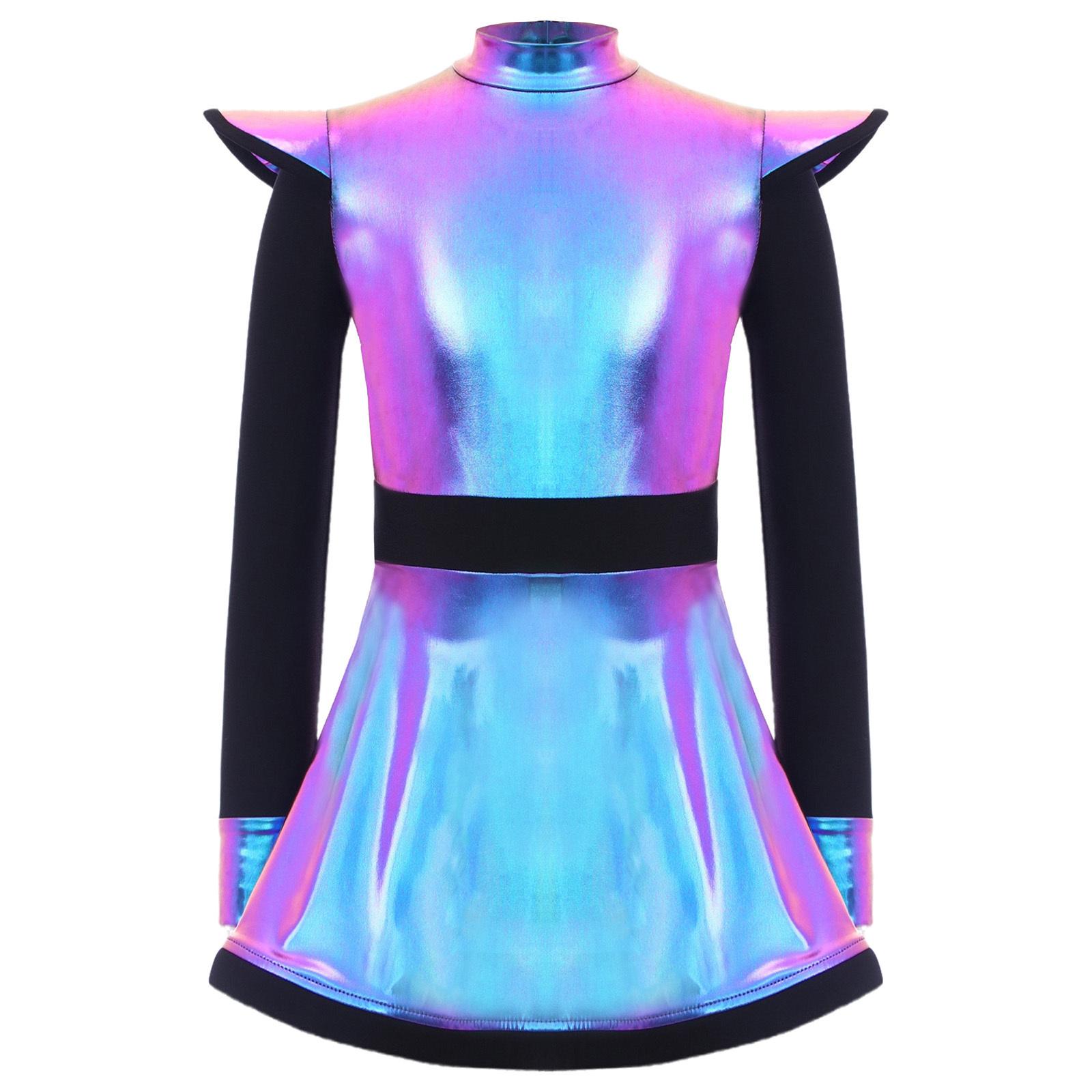 Kinder Mädchen Alien Kostüm Patchwork Metallic Glanz Stehkragen Langarm Reißverschluss hinten Eingebaute Shorts Kleid 5-6 Years von Joom DACH