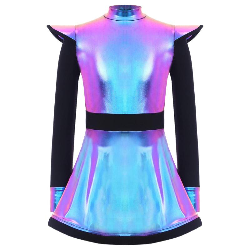 Kinder Mädchen Alien Kostüm Patchwork Metallic Glanz Stehkragen Langarm Reißverschluss hinten Eingebaute Shorts Kleid 11-12 Years von Joom DACH