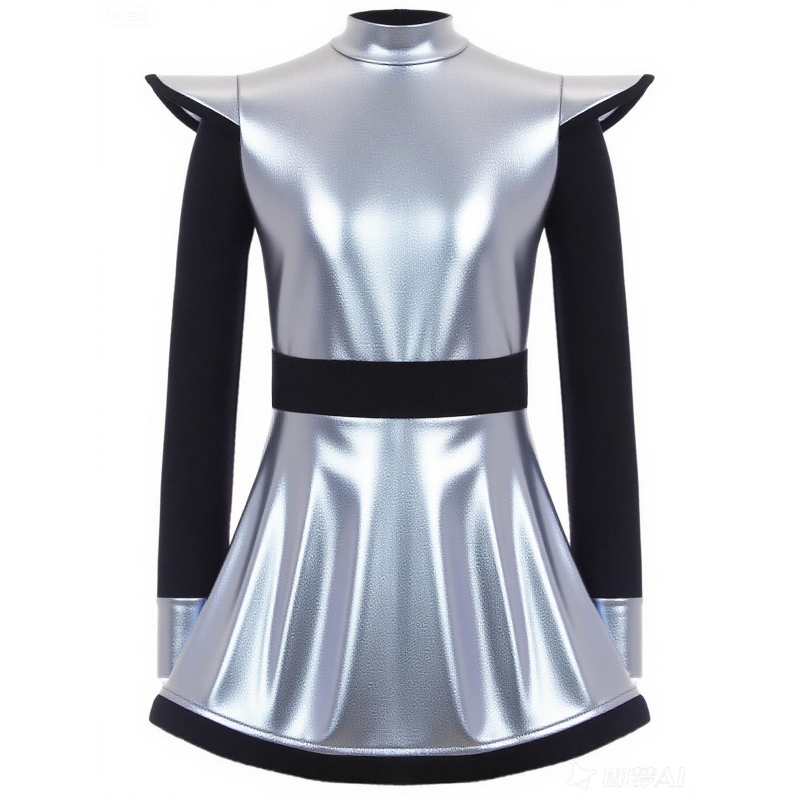 Kinder Mädchen Alien Kostüm Patchwork Metallic Glanz Stehkragen Langarm Reißverschluss hinten Eingebaute Shorts Kleid 5-6 Years von Joom DACH