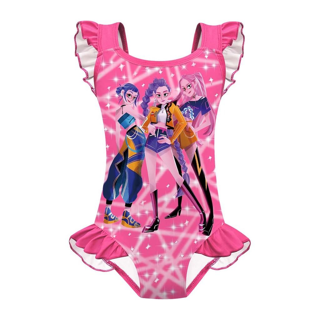 Kinder Mädchen Anime Cartoon K-POP Rumi Zoey Mira Print Rüschen Ärmellos Einteiliger Badeanzug Bademode 130cm von Joom DACH