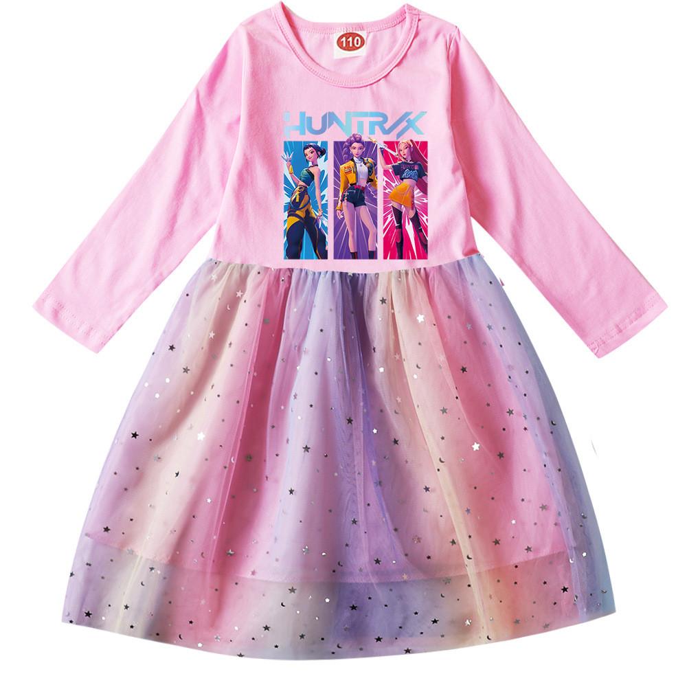 Kinder Mädchen Anime Cartoon K-Pop Rumi Zoey Mira Print Langarm Baumwolle Freizeit Pailletten Regenbogen Kleid 110cm rosa von Joom DACH