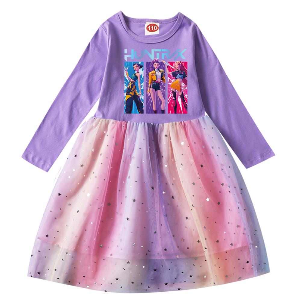 Kinder Mädchen Anime Cartoon K-Pop Rumi Zoey Mira Print Langarm Baumwolle Freizeit Pailletten Regenbogen Kleid 130cm violett von Joom DACH