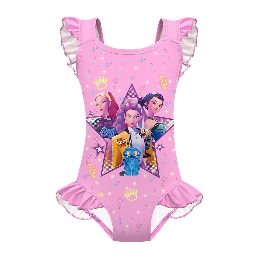 Kinder Mädchen Anime Cartoon POP Sänger Rumi Mira Zoey Druck Rüschen Ärmellos Einteiliger Badeanzug Bademode 140cm von Joom DACH