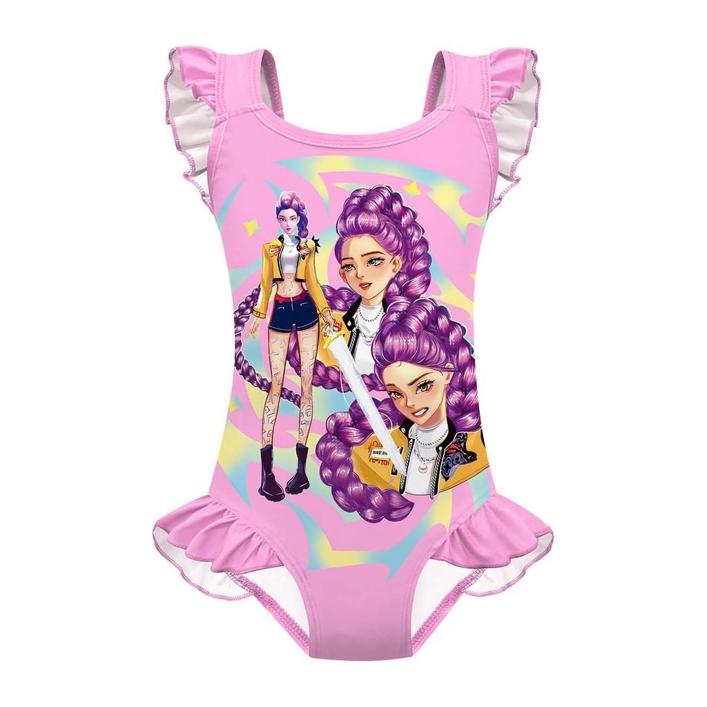 Kinder Mädchen Anime Cartoon POP Sängerin Rumi Zoey Mira Print Rüschen Ärmellos Einteiliger Badeanzug Bademode 120cm von Joom DACH