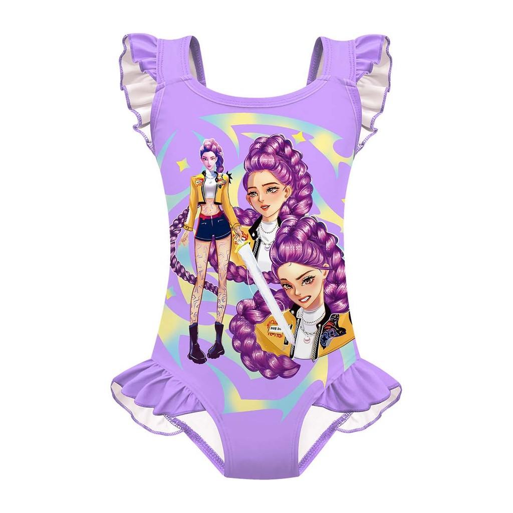 Kinder Mädchen Anime Cartoon POP Sängerin Rumi Zoey Mira Print Rüschen Ärmellos Einteiliger Badeanzug Bademode 140cm von Joom DACH