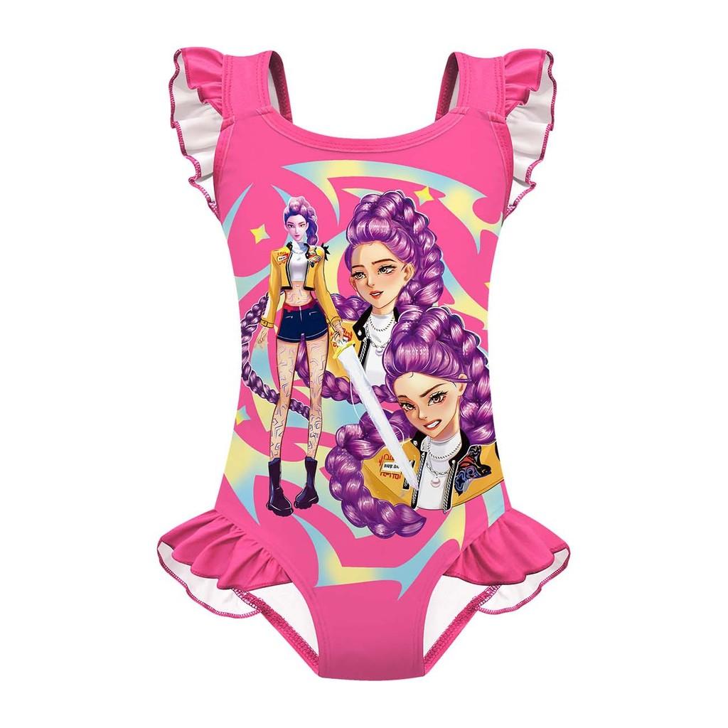 Kinder Mädchen Anime Cartoon POP Sängerin Rumi Zoey Mira Print Rüschen Ärmellos Einteiliger Badeanzug Bademode 150cm von Joom DACH
