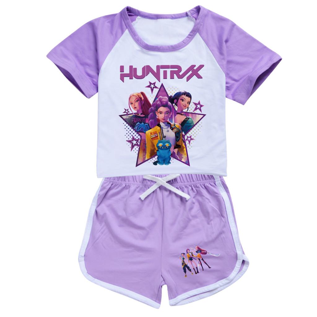 Kinder Mädchen Anime Cartoon POP Sängerin Superstar Zoey Rumi Mira Print Kurzarm T-Shirt Shorts Hose Freizeitkleidungsset 130cm violett von Joom DACH