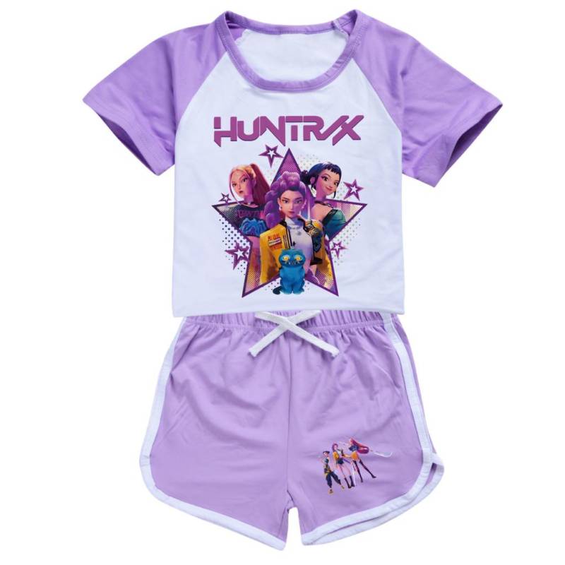 Kinder Mädchen Anime Cartoon POP Sängerin Superstar Zoey Rumi Mira Print Kurzarm T-Shirt Shorts Hose Freizeitkleidungsset 130cm violett von Joom DACH