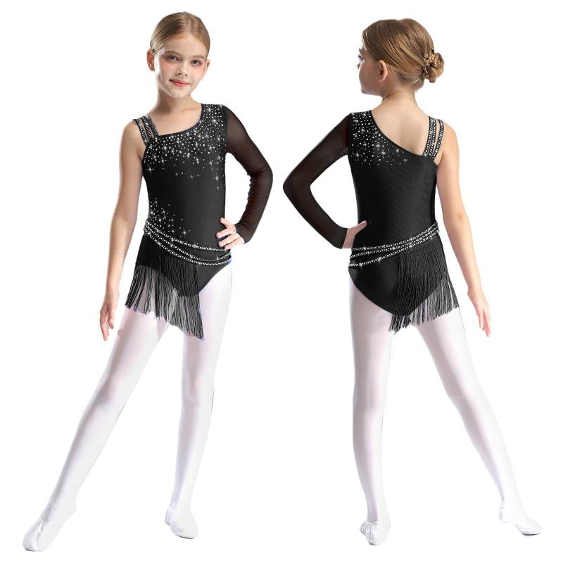Kinder Mädchen Asymmetrische Schulter Fransen Tanz Trikot Strass Eiskunstlauf Rhythmische Gymnastik Quaste Body Kleid Tanzbekleidung 15-16 Years schwarz von Joom DACH