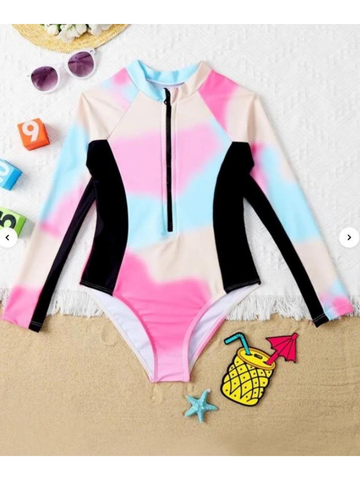 Kinder Mädchen Badeanzug Langarm Bedruckt Reißverschluss Bademode Badeanzug Rash Guard Bodysuit Strandkleidung 130 rosa von Joom DACH