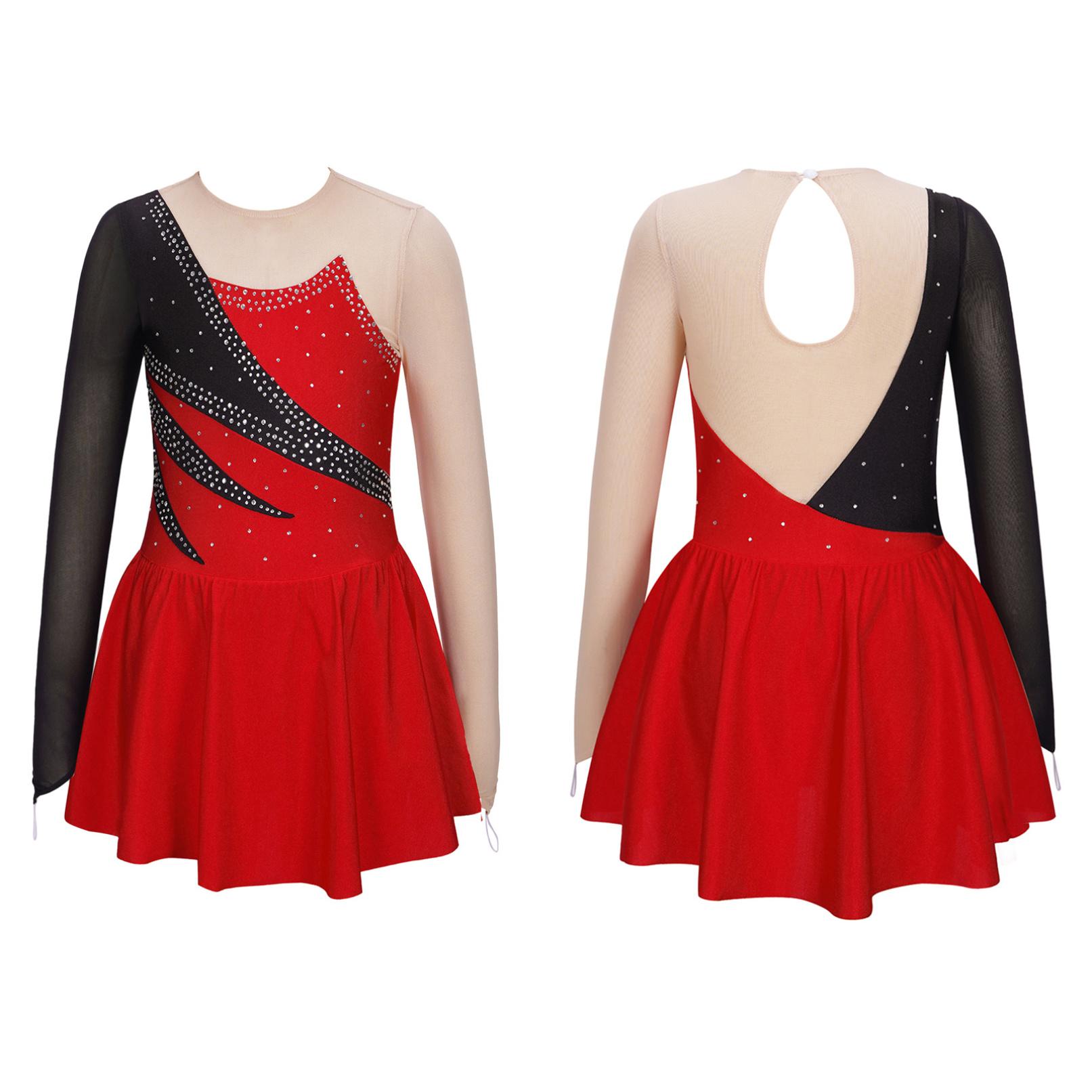 Kinder Mädchen Ballett Eiskunstlauf Tanz Kleid Rhythmische Gymnastik Trikot Tutu Langarm Glänzenden Strass Sheer Mesh Dancewear 9-10 Years rot von Joom DACH