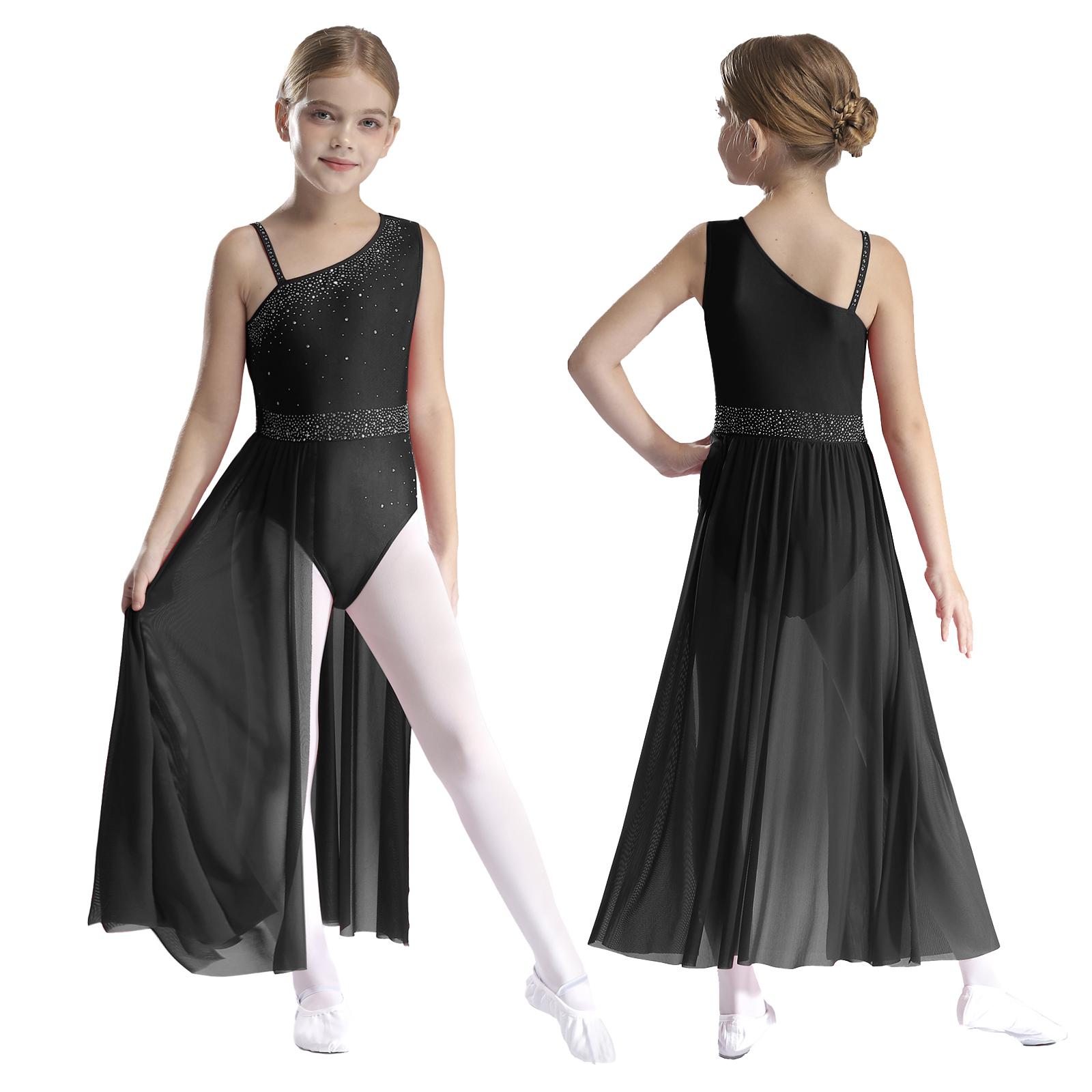 Kinder Mädchen Ballett Lyrischer Tanz Kleid Gymnastik Trikot mit Rock Transparent Mesh Eiskunstlauf Modernes Zeitgenössisches Tanzkostüm 11-12 Years schwarz von Joom DACH