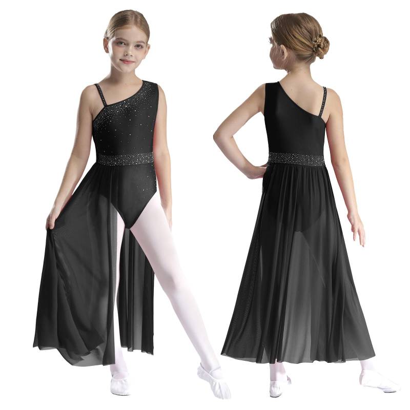 Kinder Mädchen Ballett Lyrischer Tanz Kleid Gymnastik Trikot mit Rock Transparent Mesh Eiskunstlauf Modernes Zeitgenössisches Tanzkostüm 11-12 Years schwarz von Joom DACH