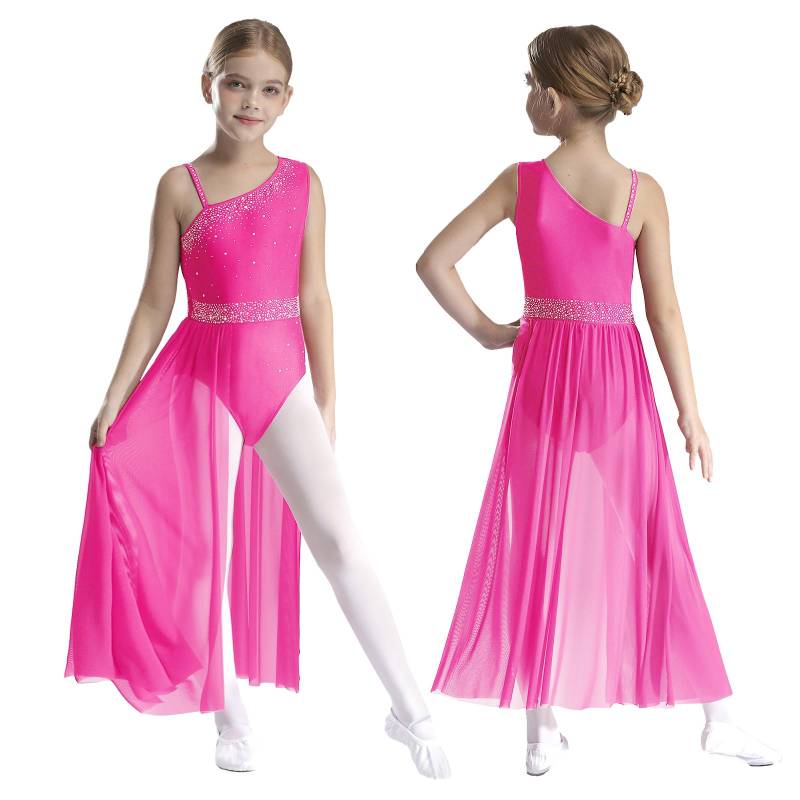 Kinder Mädchen Ballett Lyrischer Tanz Kleid Gymnastik Trikot mit Rock Transparent Mesh Eiskunstlauf Modernes Zeitgenössisches Tanzkostüm 11-12 Years von Joom DACH