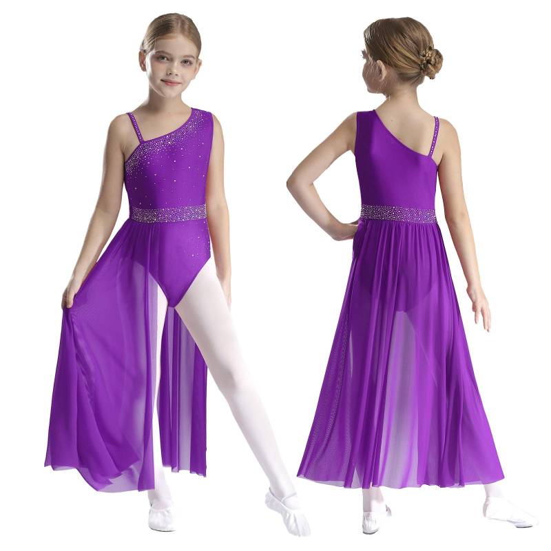 Kinder Mädchen Ballett Lyrischer Tanz Kleid Gymnastik Trikot mit Rock Transparent Mesh Eiskunstlauf Modernes Zeitgenössisches Tanzkostüm 13-14 Years von Joom DACH