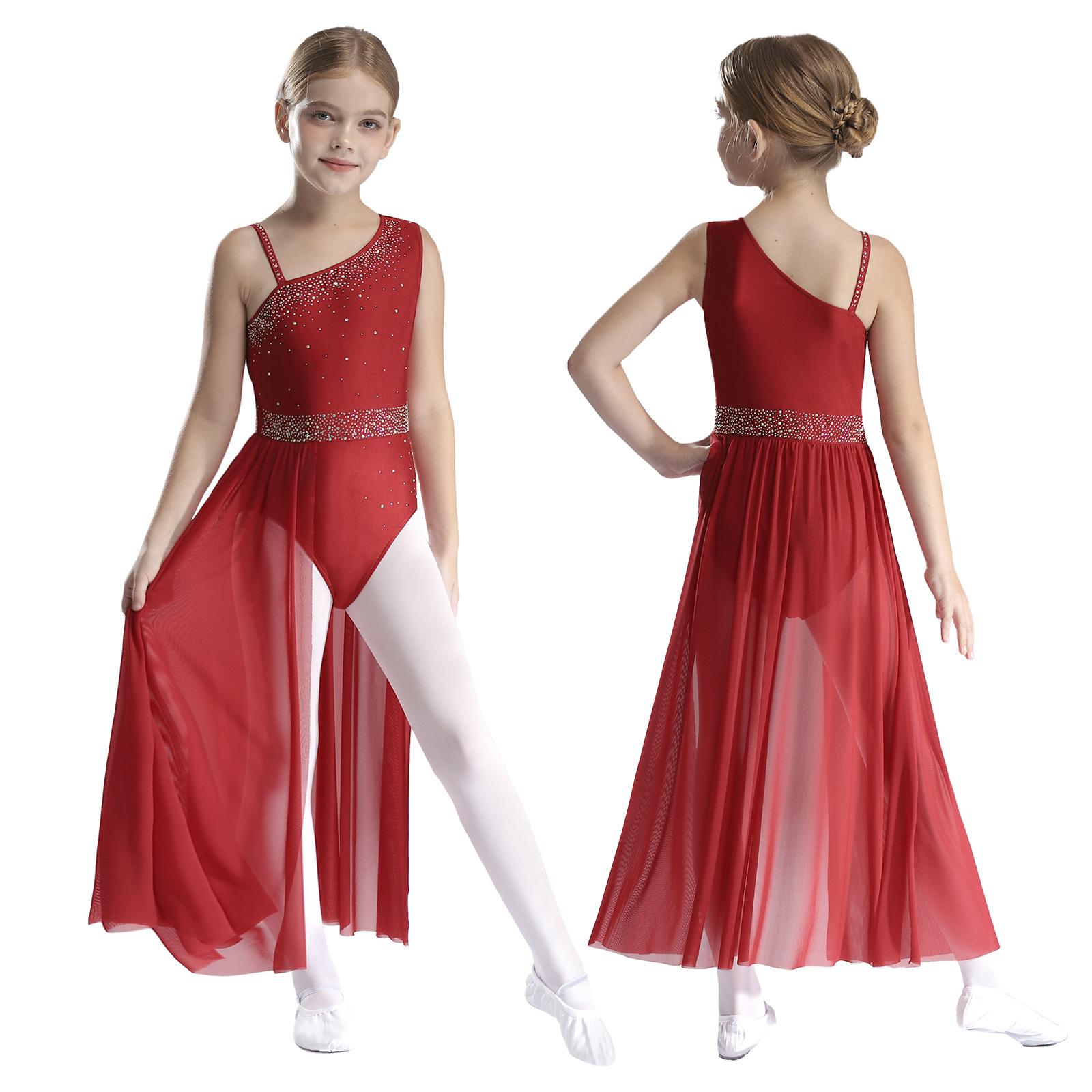 Kinder Mädchen Ballett Lyrischer Tanz Kleid Gymnastik Trikot mit Rock Transparent Mesh Eiskunstlauf Modernes Zeitgenössisches Tanzkostüm 13-14 Years bordeaux von Joom DACH