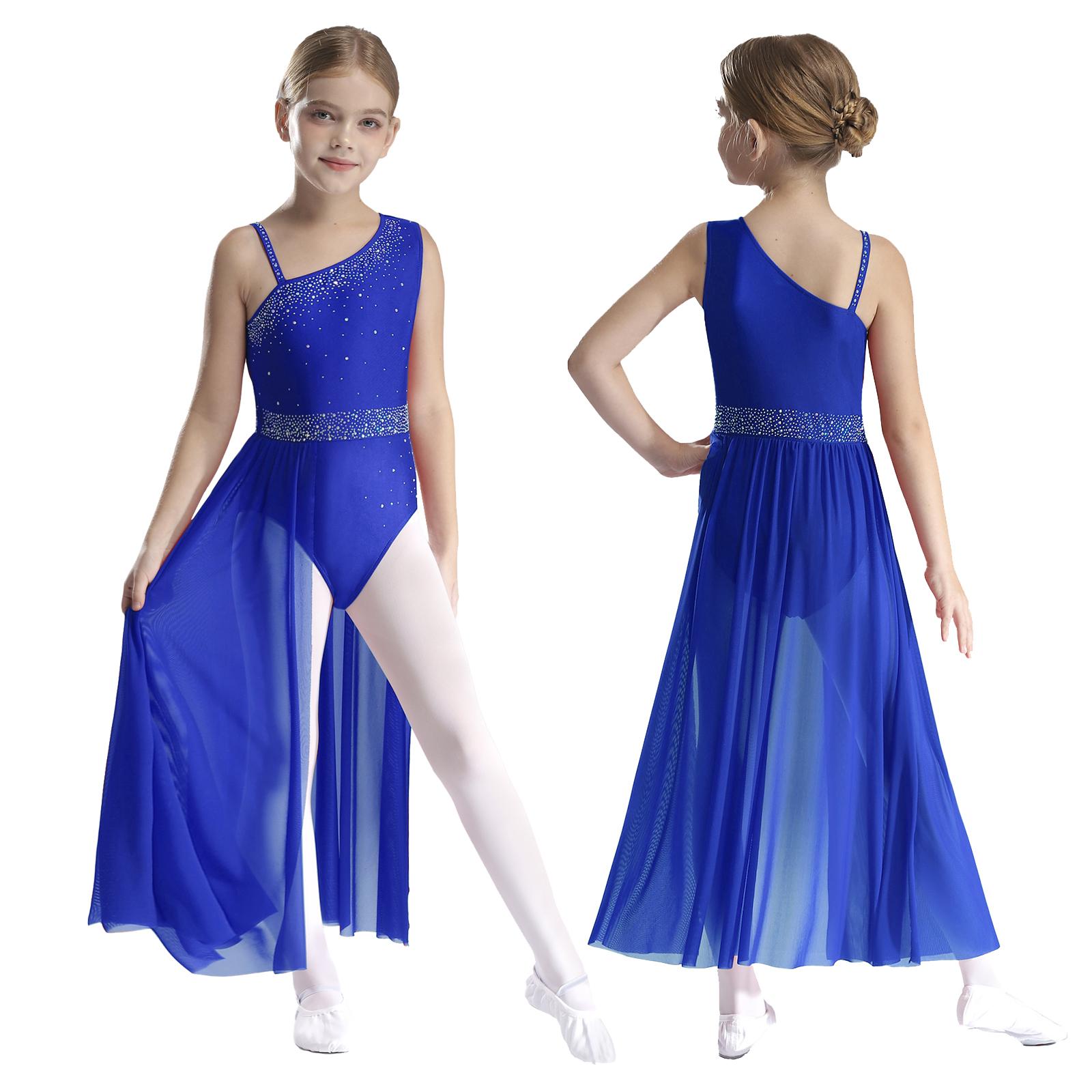 Kinder Mädchen Ballett Lyrischer Tanz Kleid Gymnastik Trikot mit Rock Transparent Mesh Eiskunstlauf Modernes Zeitgenössisches Tanzkostüm 7-8 Years königsblau von Joom DACH
