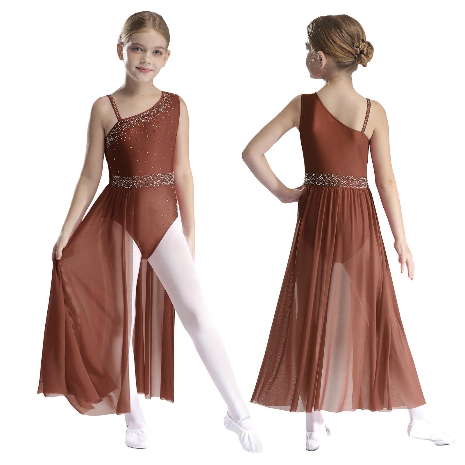 Kinder Mädchen Ballett Lyrischer Tanz Kleid Gymnastik Trikot mit Rock Transparent Mesh Eiskunstlauf Modernes Zeitgenössisches Tanzkostüm 7-8 Years braun von Joom DACH