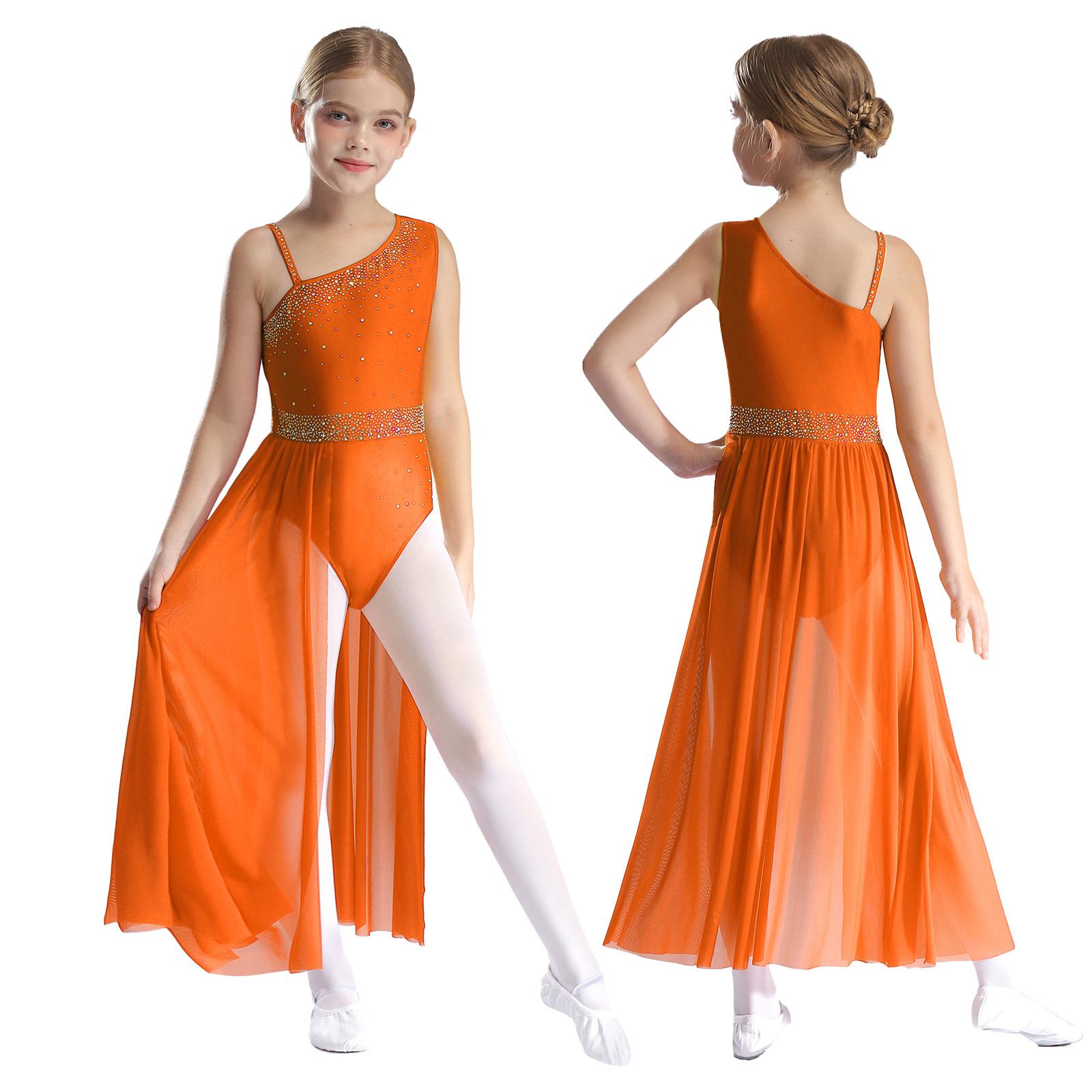 Kinder Mädchen Ballett Lyrischer Tanz Kleid Gymnastik Trikot mit Rock Transparent Mesh Eiskunstlauf Modernes Zeitgenössisches Tanzkostüm 7-8 Years orange von Joom DACH