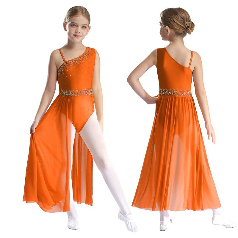 Kinder Mädchen Ballett Lyrischer Tanz Kleid Gymnastik Trikot mit Rock Transparent Mesh Eiskunstlauf Modernes Zeitgenössisches Tanzkostüm 9-10 Years orange von Joom DACH