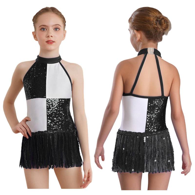 Kinder Mädchen Ballett Tanz Trikot Gymnastik Turnanzug Eiskunstlauf Bodysuit Pailletten Quaste Lyrisch Latein Tanz Aufführung Tutu Kleid 15-16 Years schwarz von Joom DACH