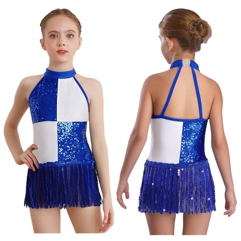 Kinder Mädchen Ballett Tanz Trikot Gymnastik Turnanzug Eiskunstlauf Bodysuit Pailletten Quaste Lyrisch Latein Tanz Aufführung Tutu Kleid 9-10 Years blau von Joom DACH