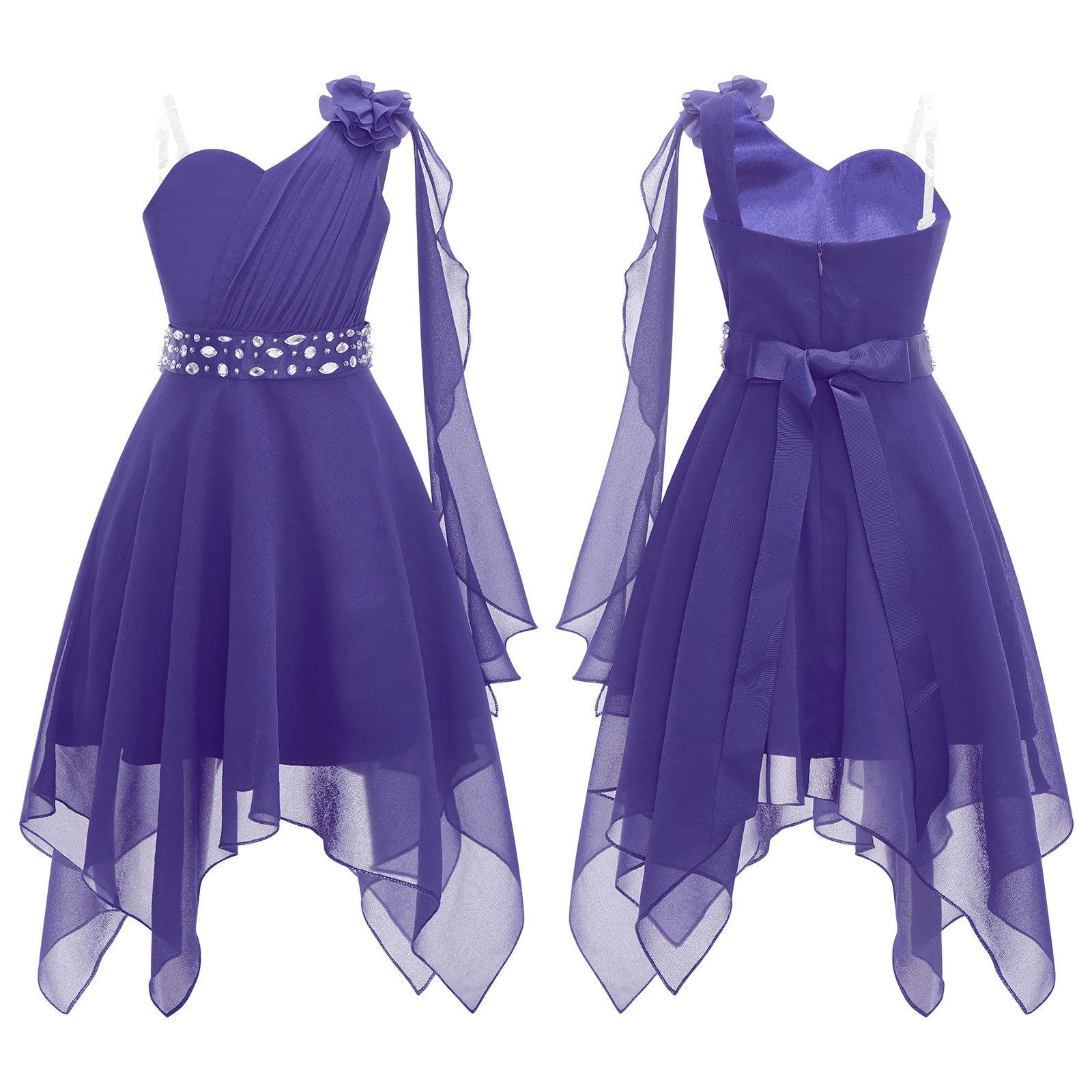 Kinder Mädchen Blumenkleid Prinzessin Party One Shoulder Chiffon Sommerkleid mit glänzender Perlenschärpe 11-12 Years violett von Joom DACH