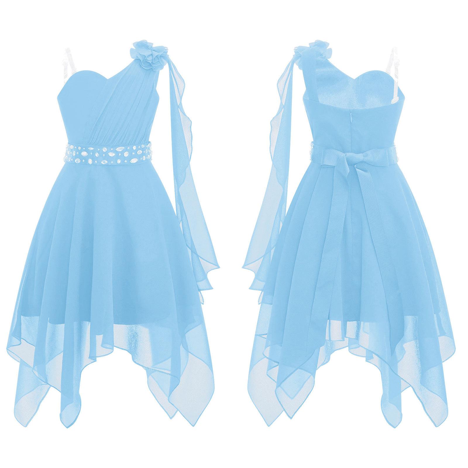 Kinder Mädchen Blumenkleid Prinzessin Party One Shoulder Chiffon Sommerkleid mit glänzender Perlenschärpe 11-12 Years hellblaue von Joom DACH