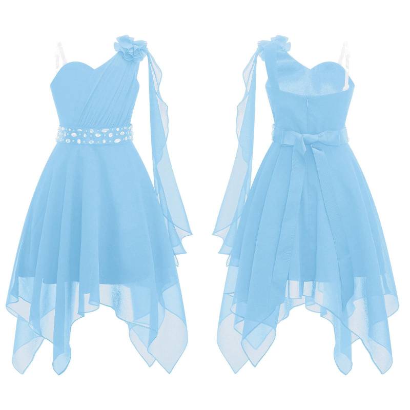 Kinder Mädchen Blumenkleid Prinzessin Party One Shoulder Chiffon Sommerkleid mit glänzender Perlenschärpe 11-12 Years hellblaue von Joom DACH