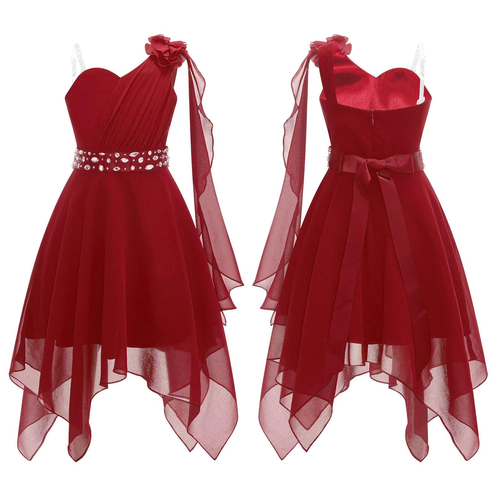 Kinder Mädchen Blumenkleid Prinzessin Party One Shoulder Chiffon Sommerkleid mit glänzender Perlenschärpe 15-16 Years bordeaux von Joom DACH