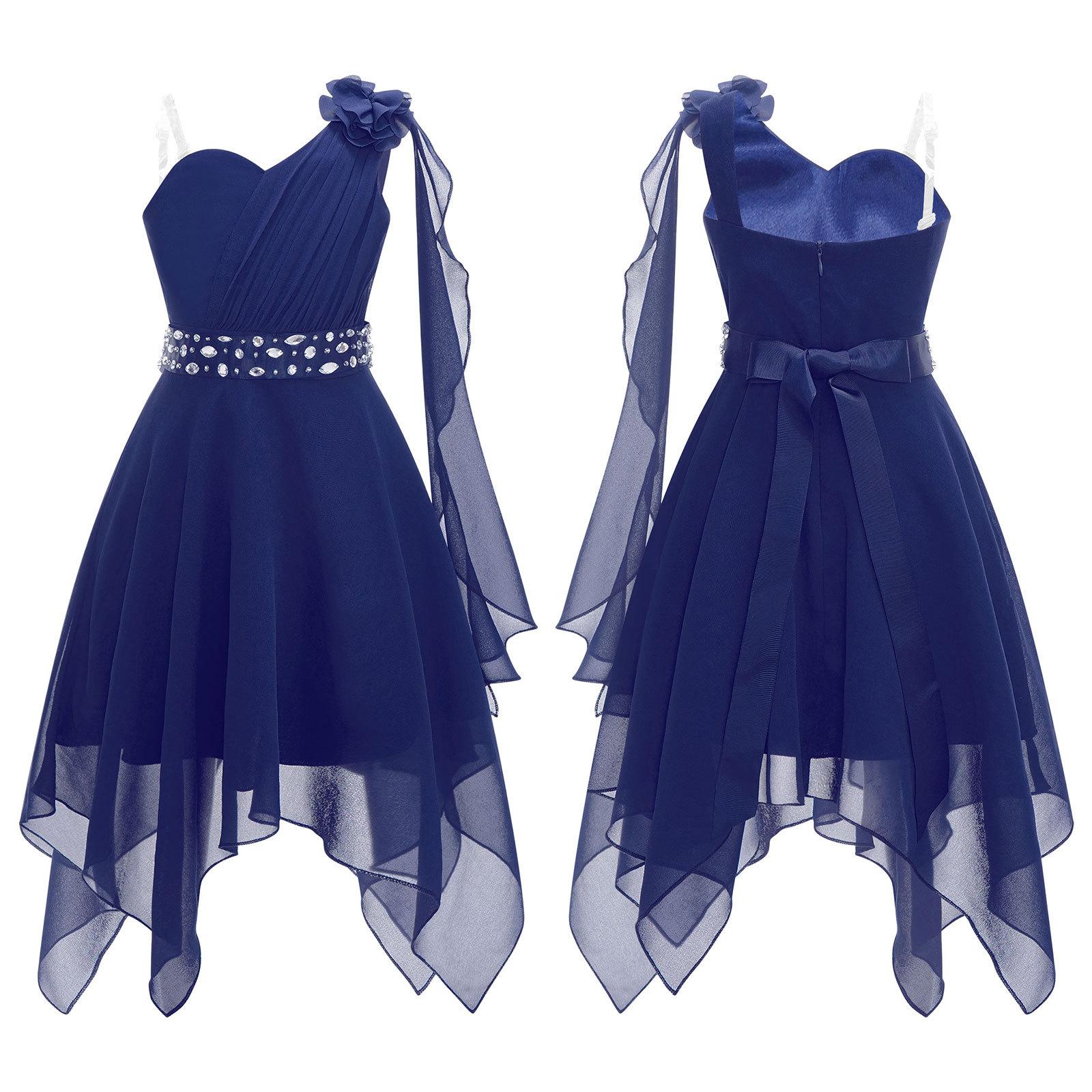 Kinder Mädchen Blumenkleid Prinzessin Party One Shoulder Chiffon Sommerkleid mit glänzender Perlenschärpe 5-6 Years navy blau von Joom DACH
