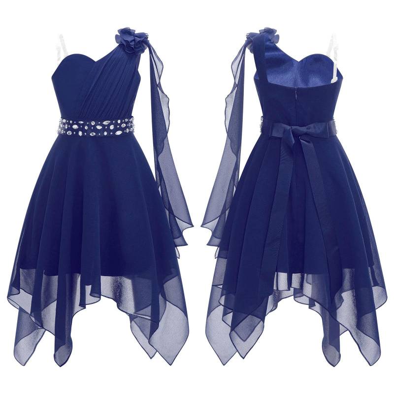 Kinder Mädchen Blumenkleid Prinzessin Party One Shoulder Chiffon Sommerkleid mit glänzender Perlenschärpe 5-6 Years navy blau von Joom DACH