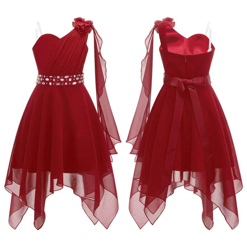 Kinder Mädchen Blumenkleid Prinzessin Party One Shoulder Chiffon Sommerkleid mit glänzender Perlenschärpe 9-10 Years bordeaux von Joom DACH