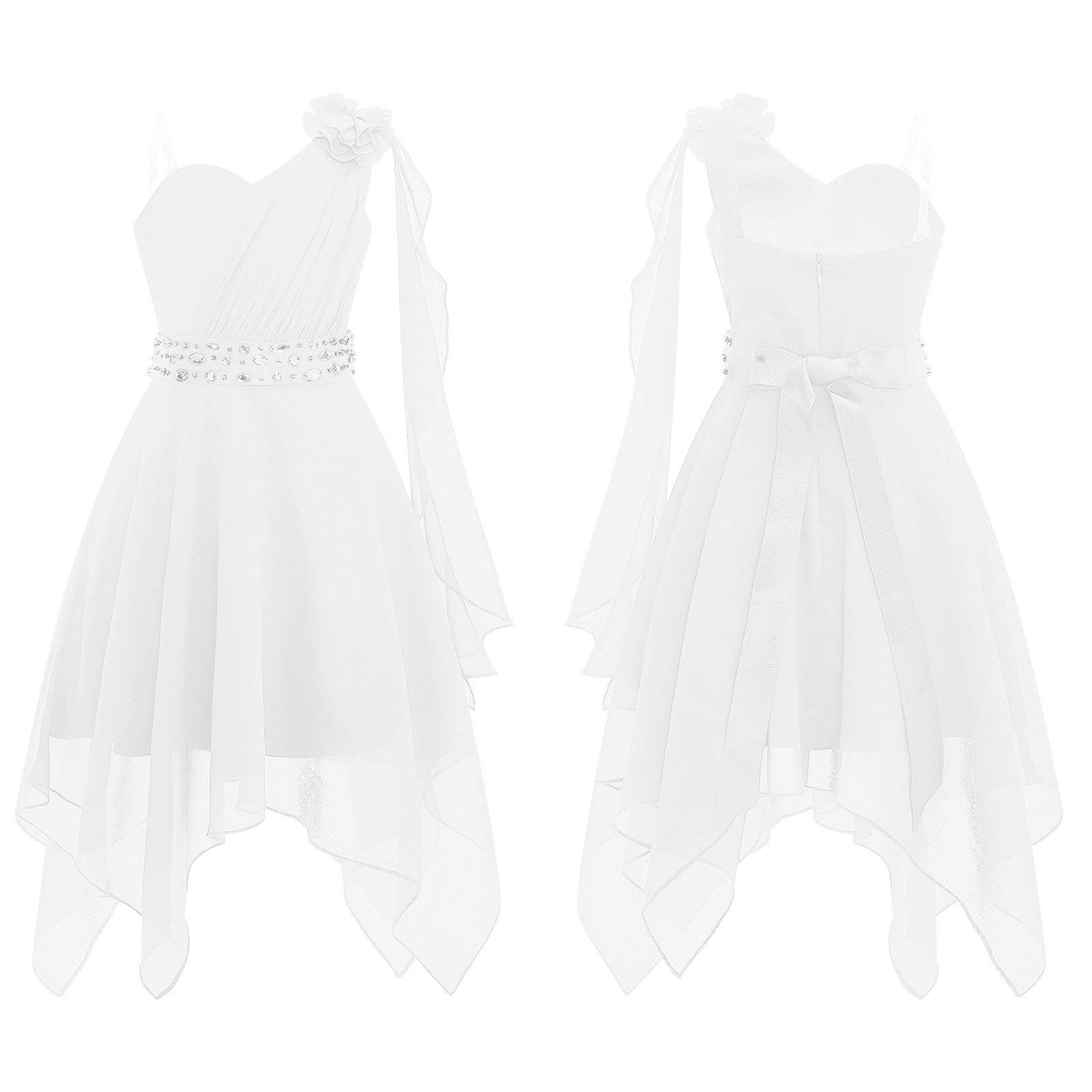 Kinder Mädchen Blumenkleid Prinzessin Party One Shoulder Chiffon Sommerkleid mit glänzender Perlenschärpe 9-10 Years weiß von Joom DACH